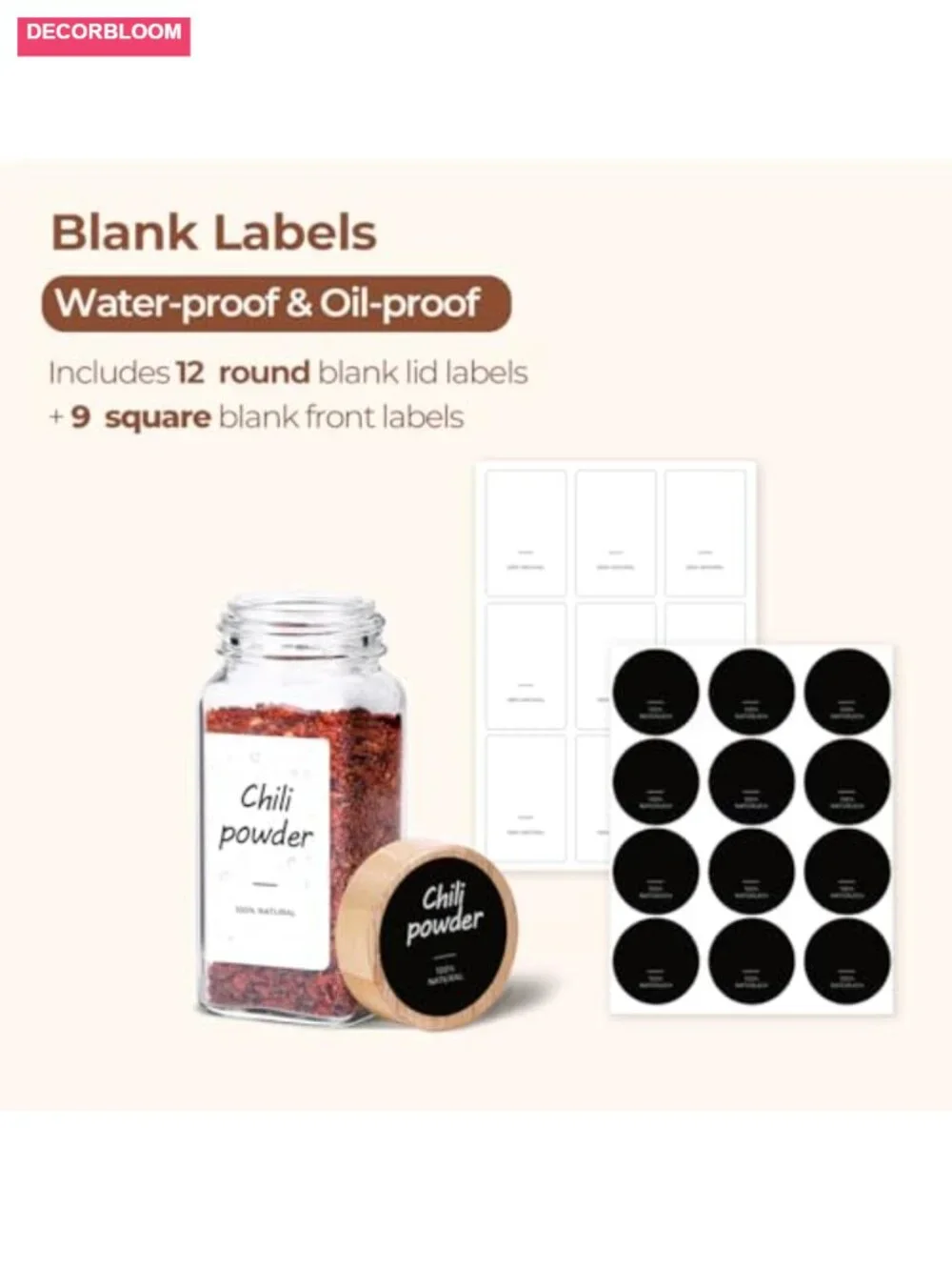 Glass Spice Jars Set of 6 with Bamboo Lids, Square Seasoning Containers 4oz,